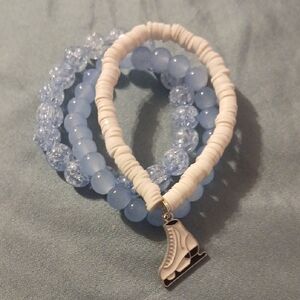 Blue and White Beaded Bracelet Set with Ice Skate Charm